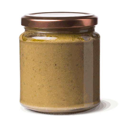 Patè di olive verdi in vaso di vetro con tappo
